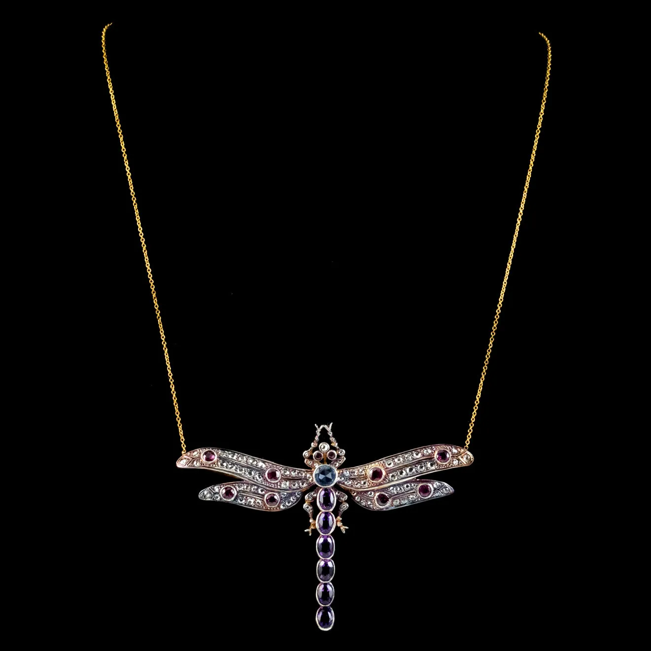 Edwardian Style Dragonfly Lavaliere Pendant Necklace Diamond Ruby Amethyst Sapphire