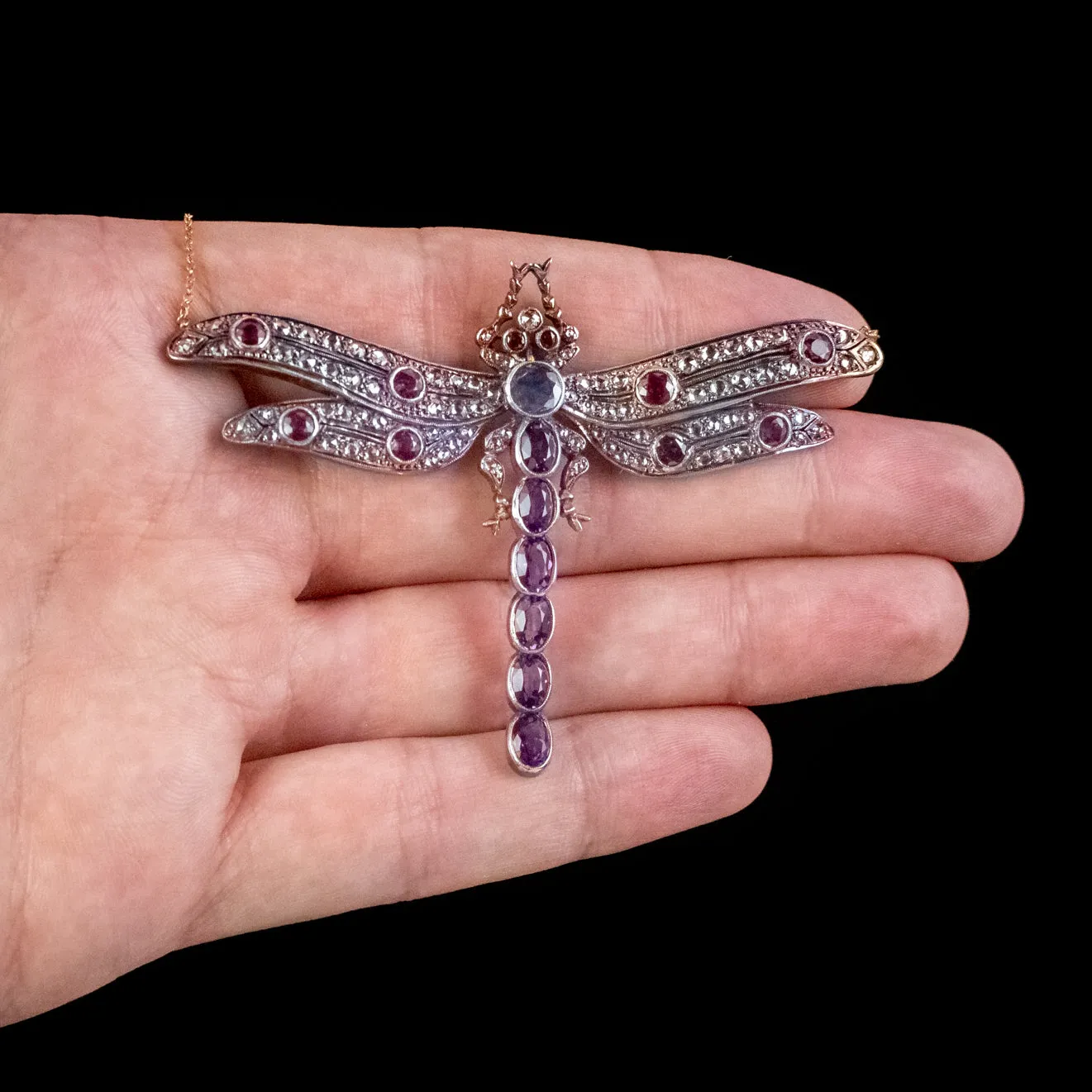 Edwardian Style Dragonfly Lavaliere Pendant Necklace Diamond Ruby Amethyst Sapphire
