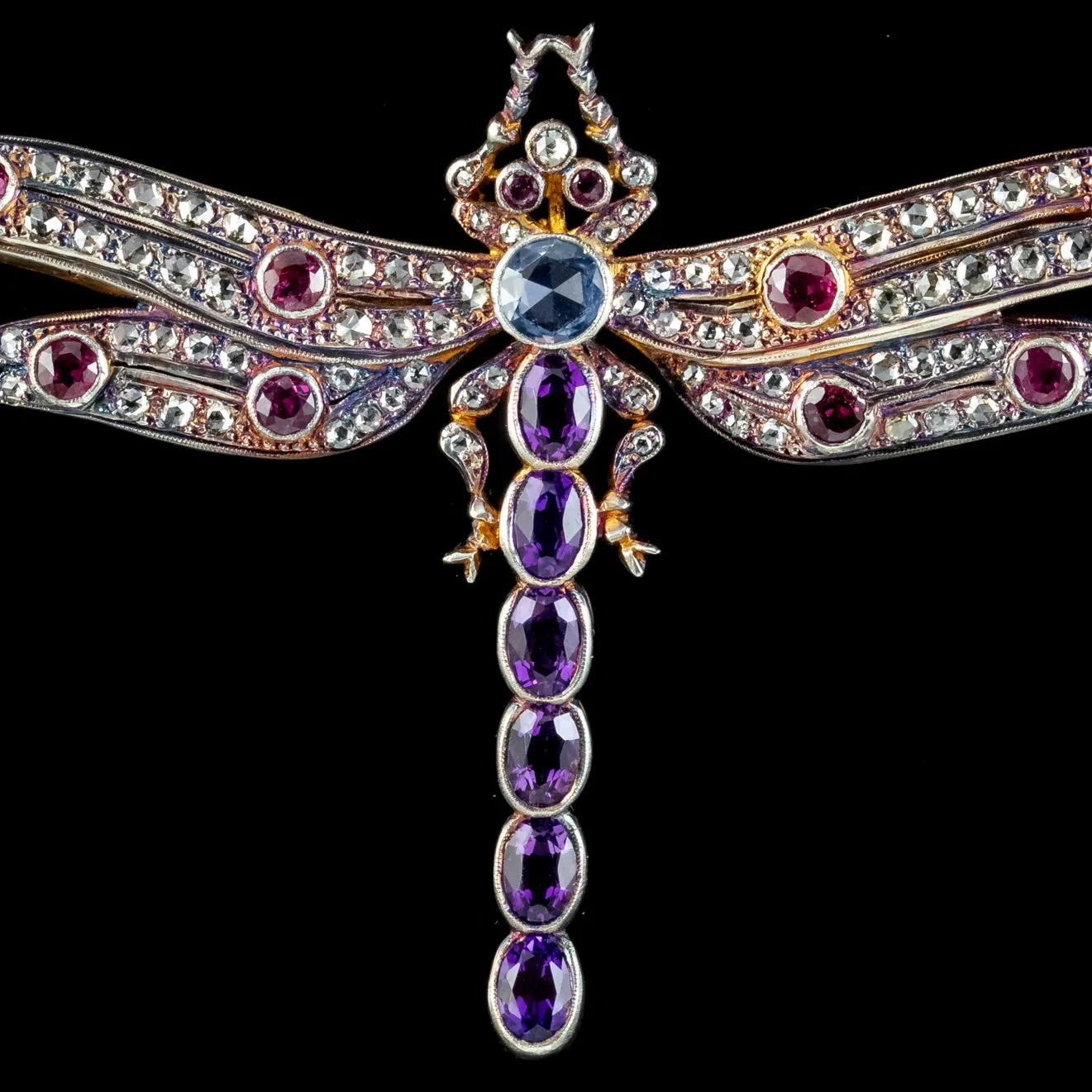 Edwardian Style Dragonfly Lavaliere Pendant Necklace Diamond Ruby Amethyst Sapphire