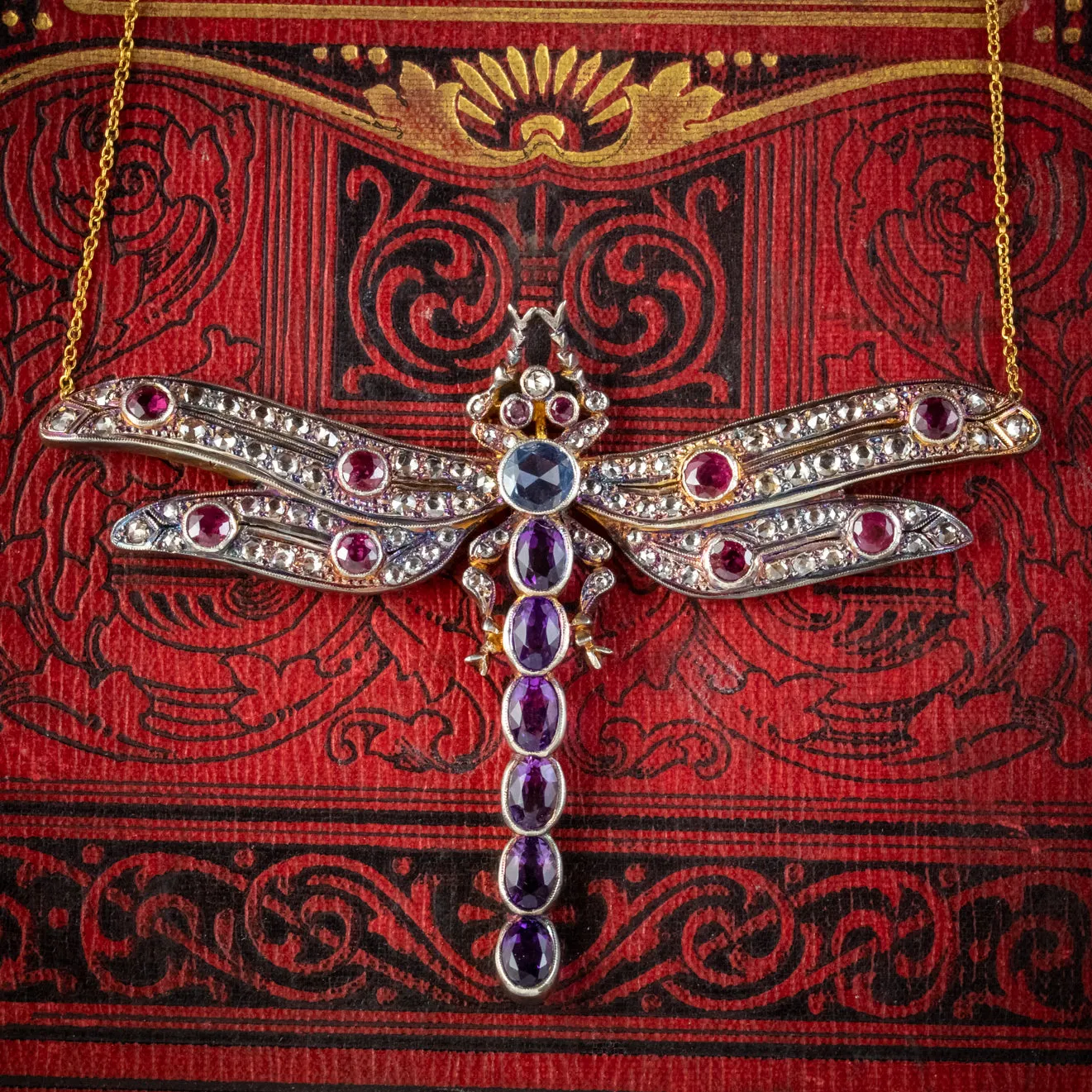 Edwardian Style Dragonfly Lavaliere Pendant Necklace Diamond Ruby Amethyst Sapphire