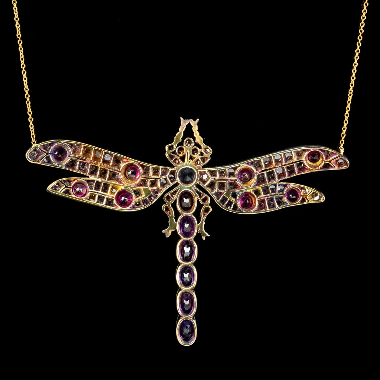 Edwardian Style Dragonfly Lavaliere Pendant Necklace Diamond Ruby Amethyst Sapphire