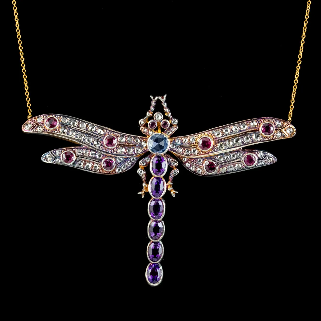 Edwardian Style Dragonfly Lavaliere Pendant Necklace Diamond Ruby Amethyst Sapphire