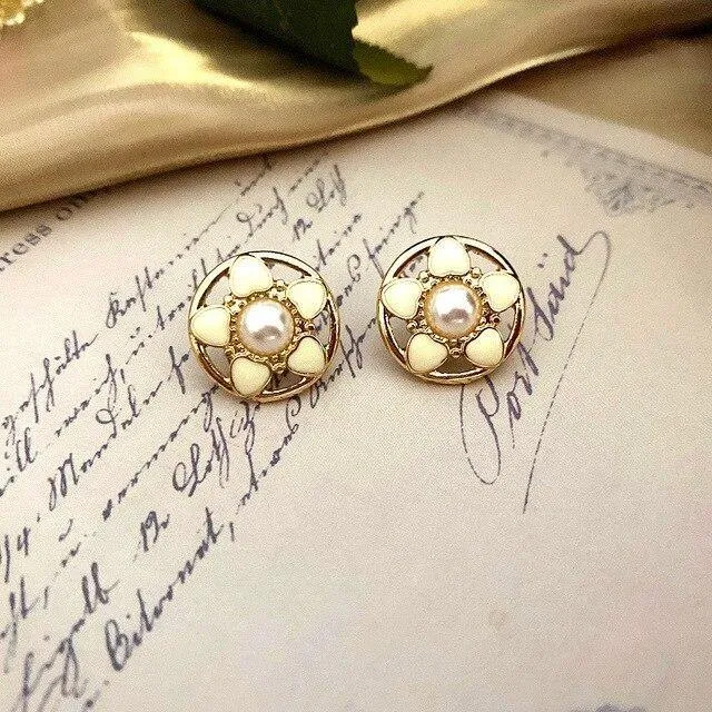 Enamel Pearl Rhinestone Round Stud Earrings