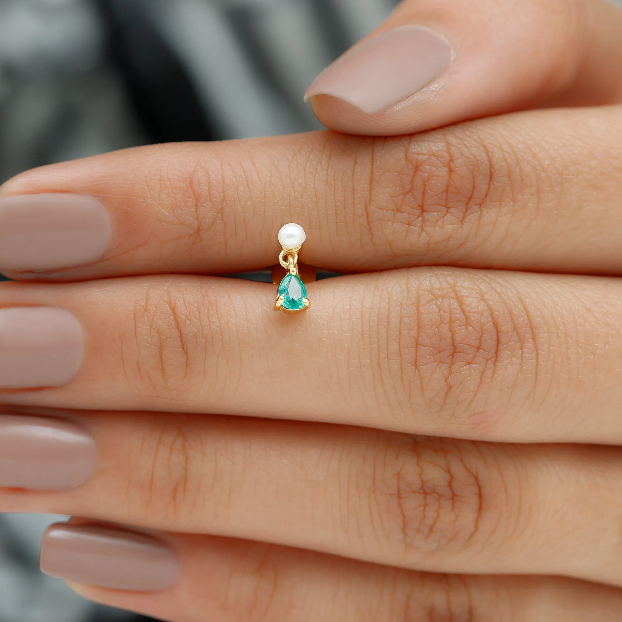 Freshwater Pearl and Emerald Helix Dangle Earring