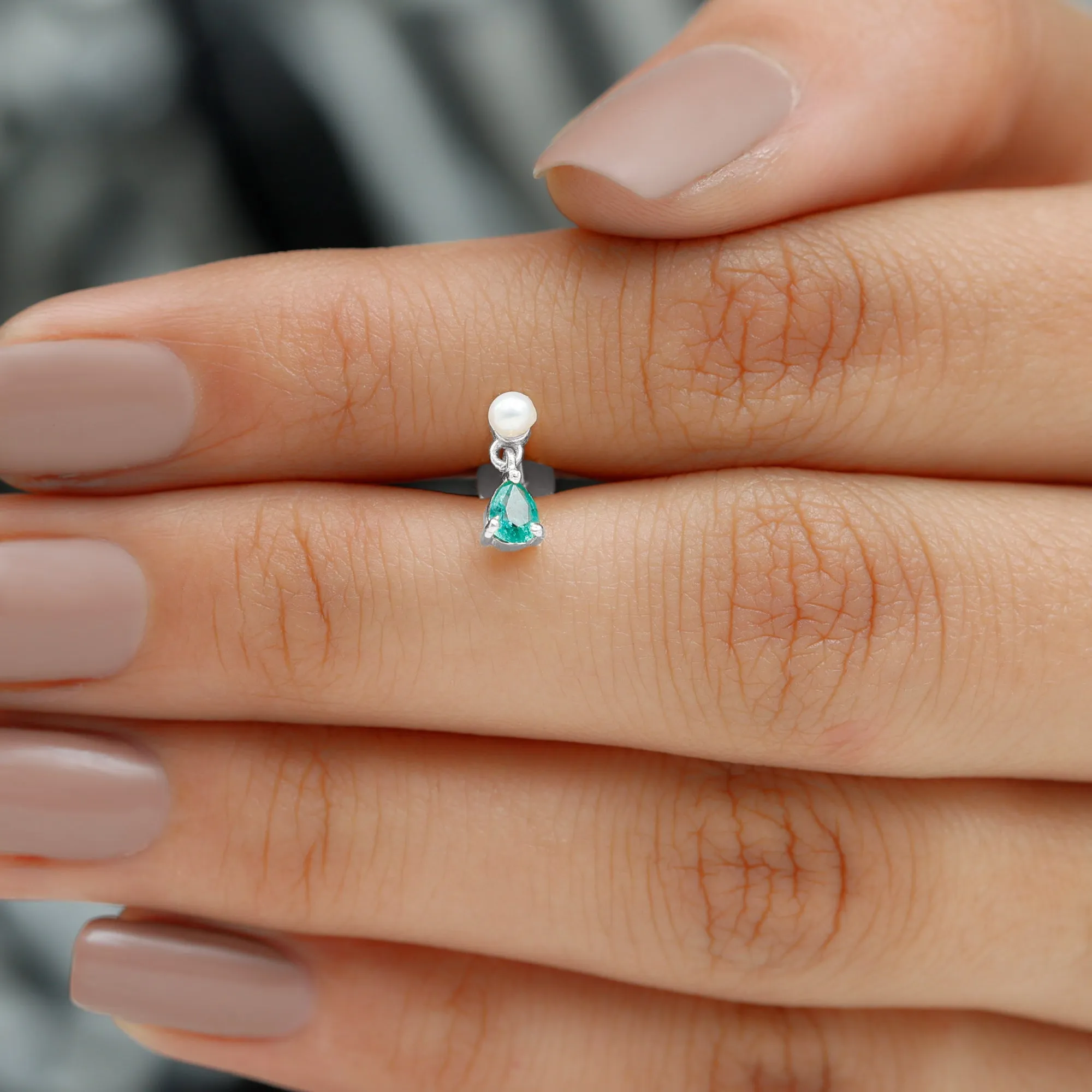 Freshwater Pearl and Emerald Helix Dangle Earring