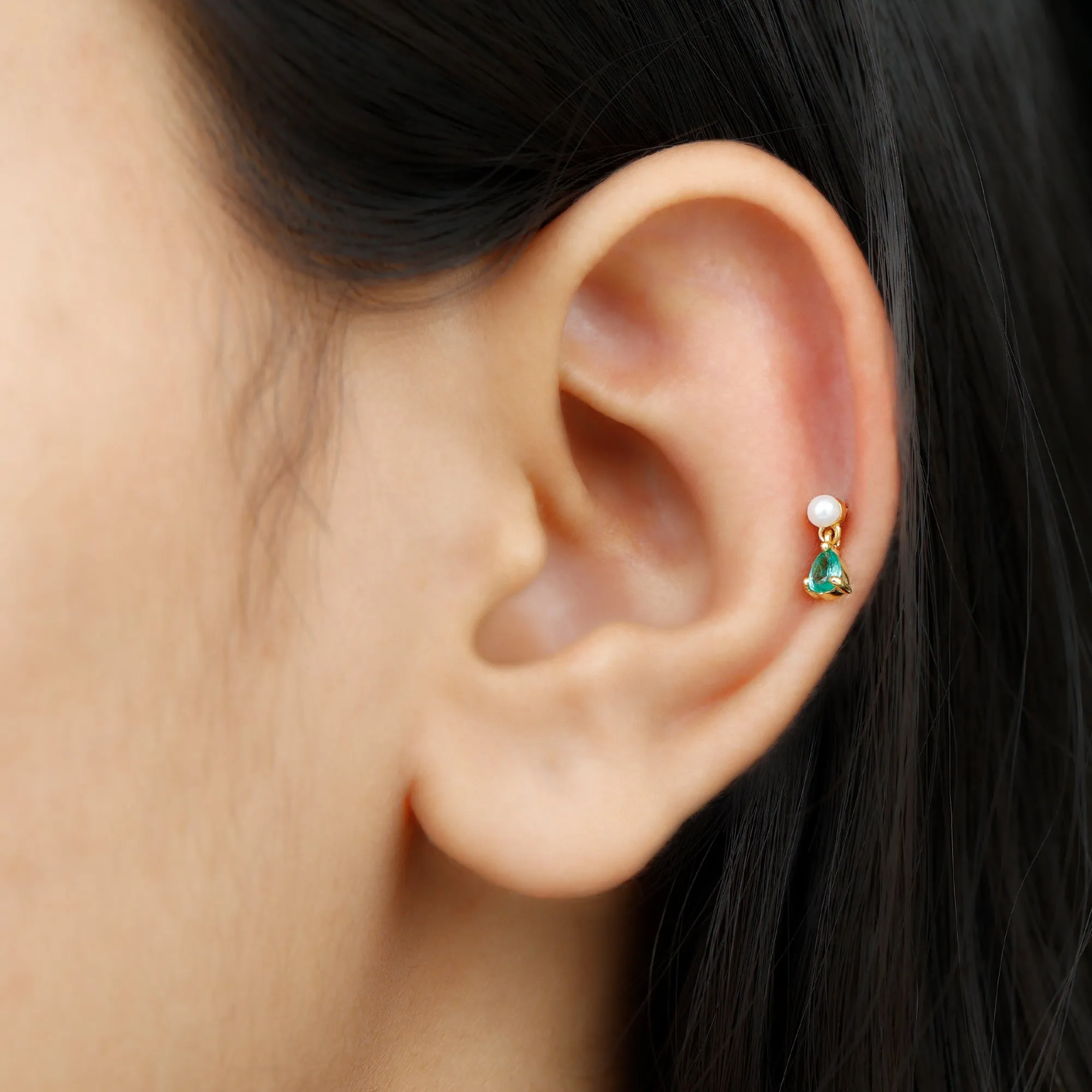 Freshwater Pearl and Emerald Helix Dangle Earring