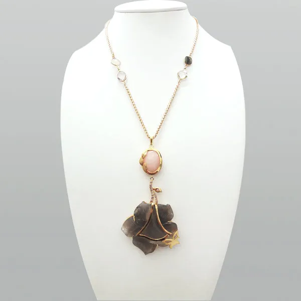 'Full Bloom' Necklace with Pink Opal , Amethyst and carved flower Druzy Agate Geode