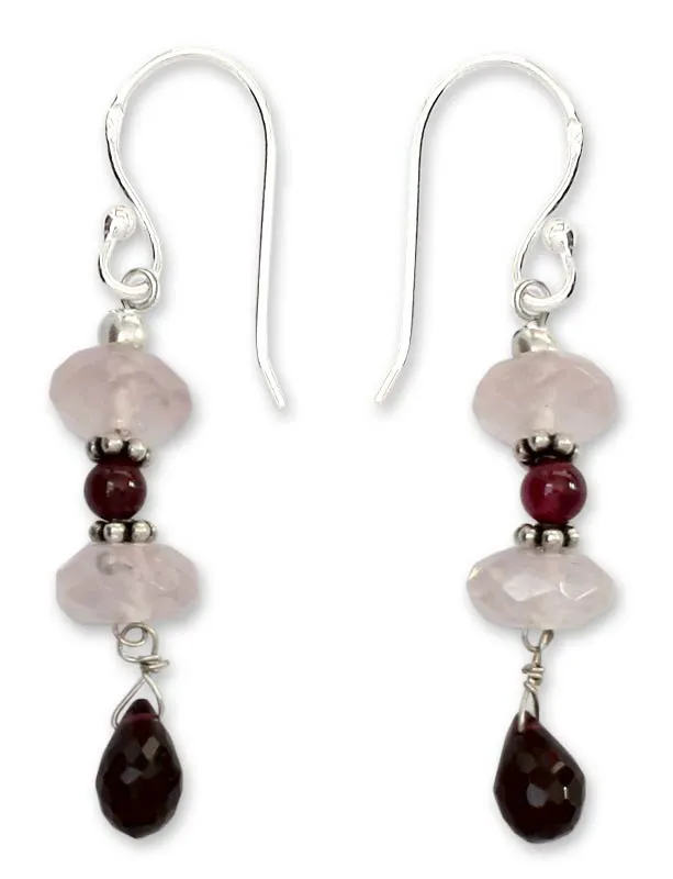Garnet and rose quartz dangle earrings - Romancing Love | NOVICA