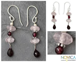 Garnet and rose quartz dangle earrings - Romancing Love | NOVICA