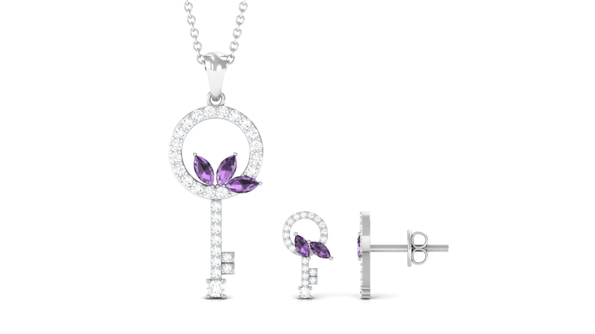 Genuine Amethyst Leaf and Diamond Key Jewelry Set