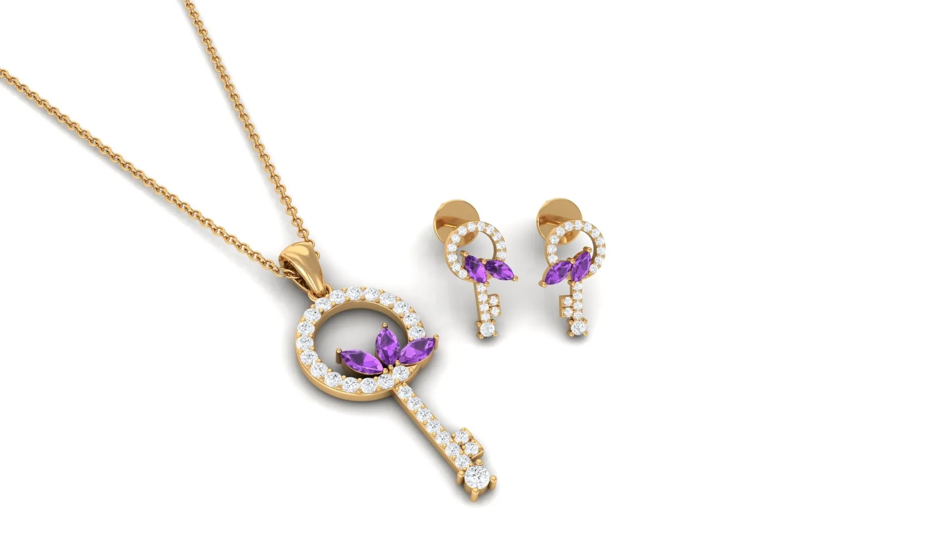 Genuine Amethyst Leaf and Diamond Key Jewelry Set