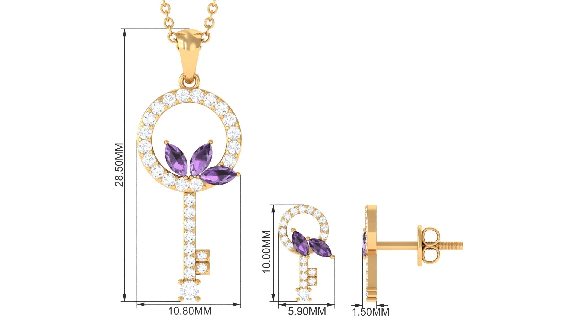 Genuine Amethyst Leaf and Diamond Key Jewelry Set