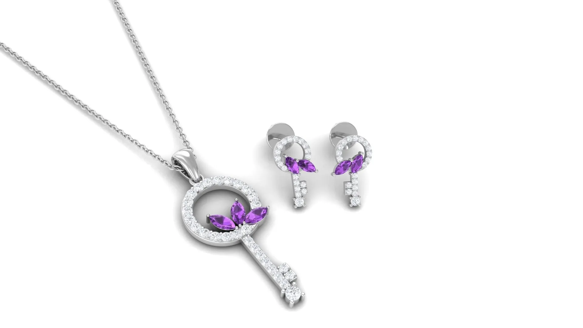 Genuine Amethyst Leaf and Diamond Key Jewelry Set