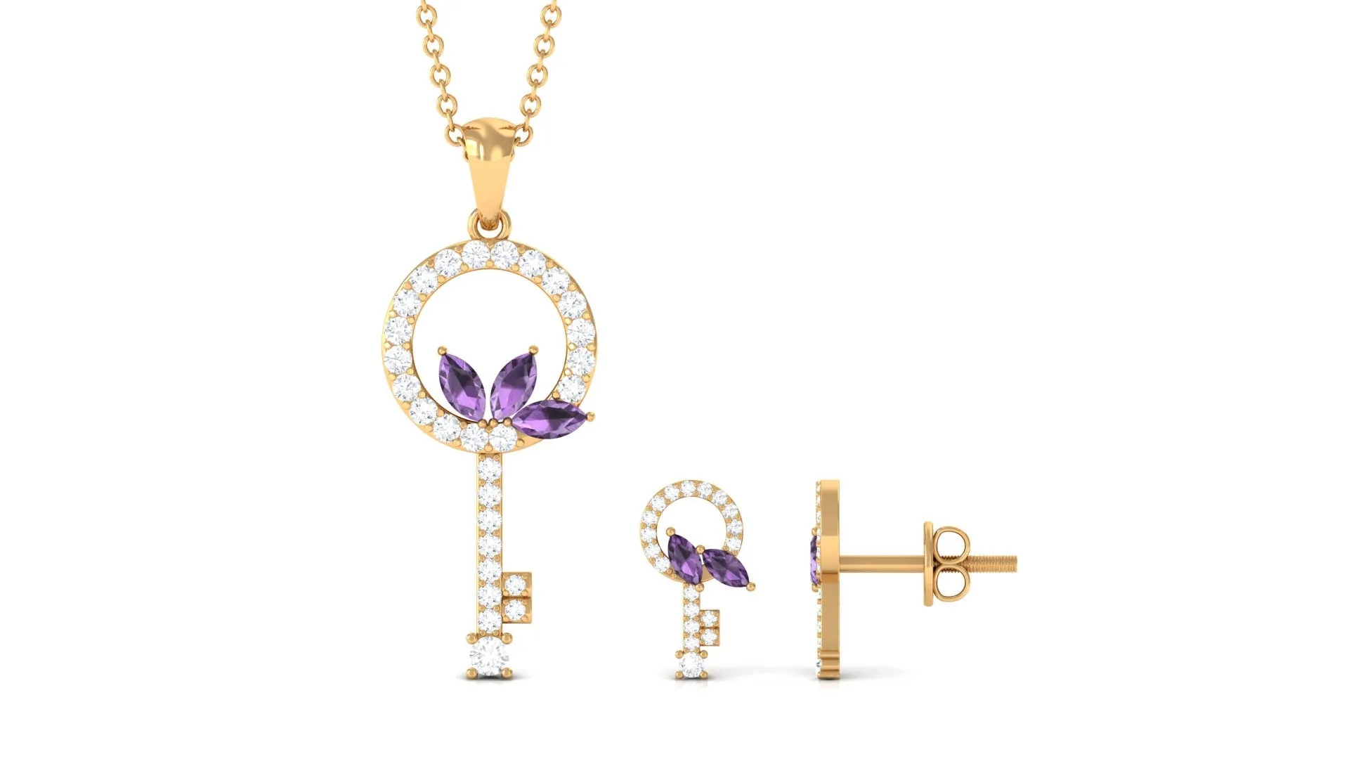 Genuine Amethyst Leaf and Diamond Key Jewelry Set