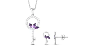 Genuine Amethyst Leaf and Diamond Key Jewelry Set