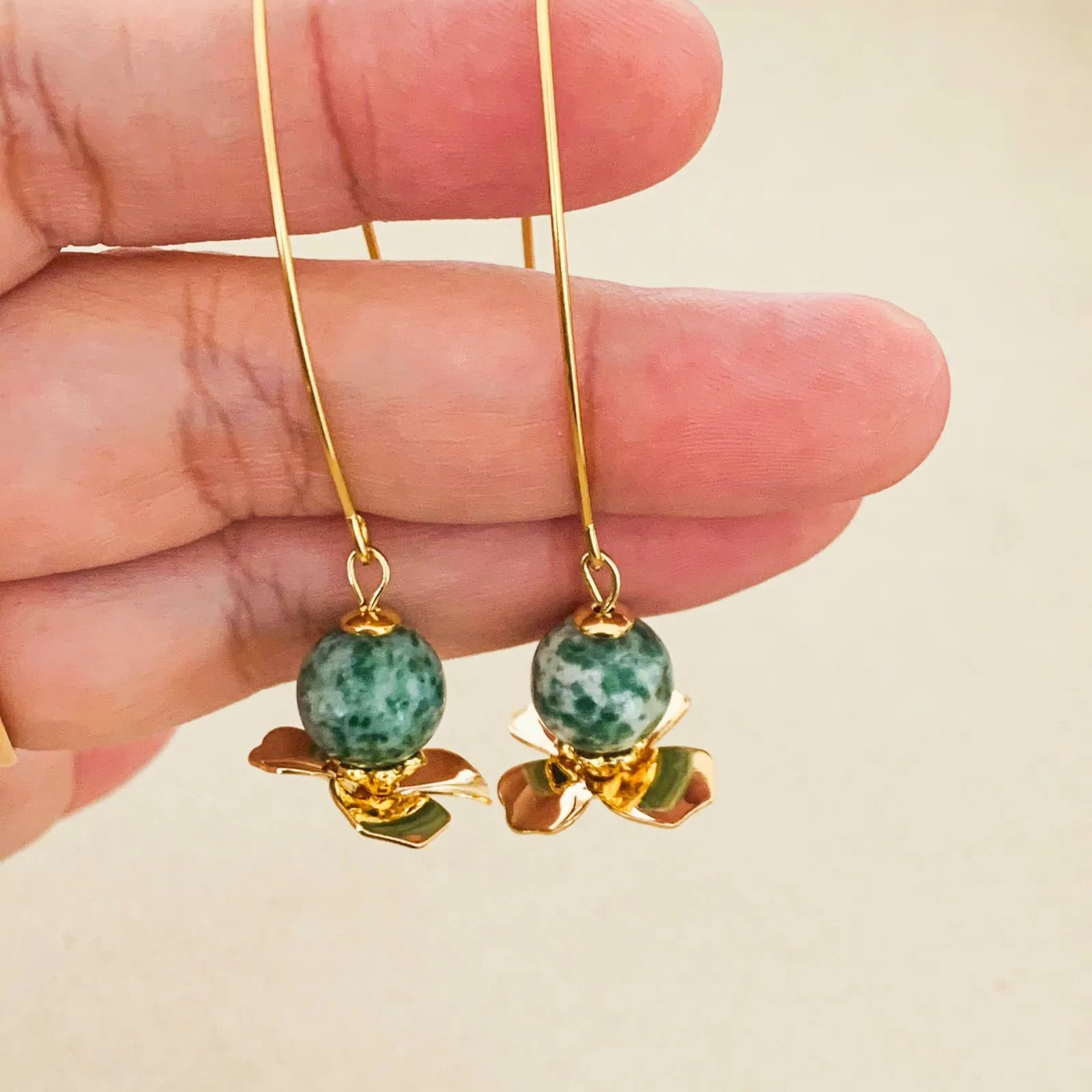 Green Dot Jade Floral Earrings