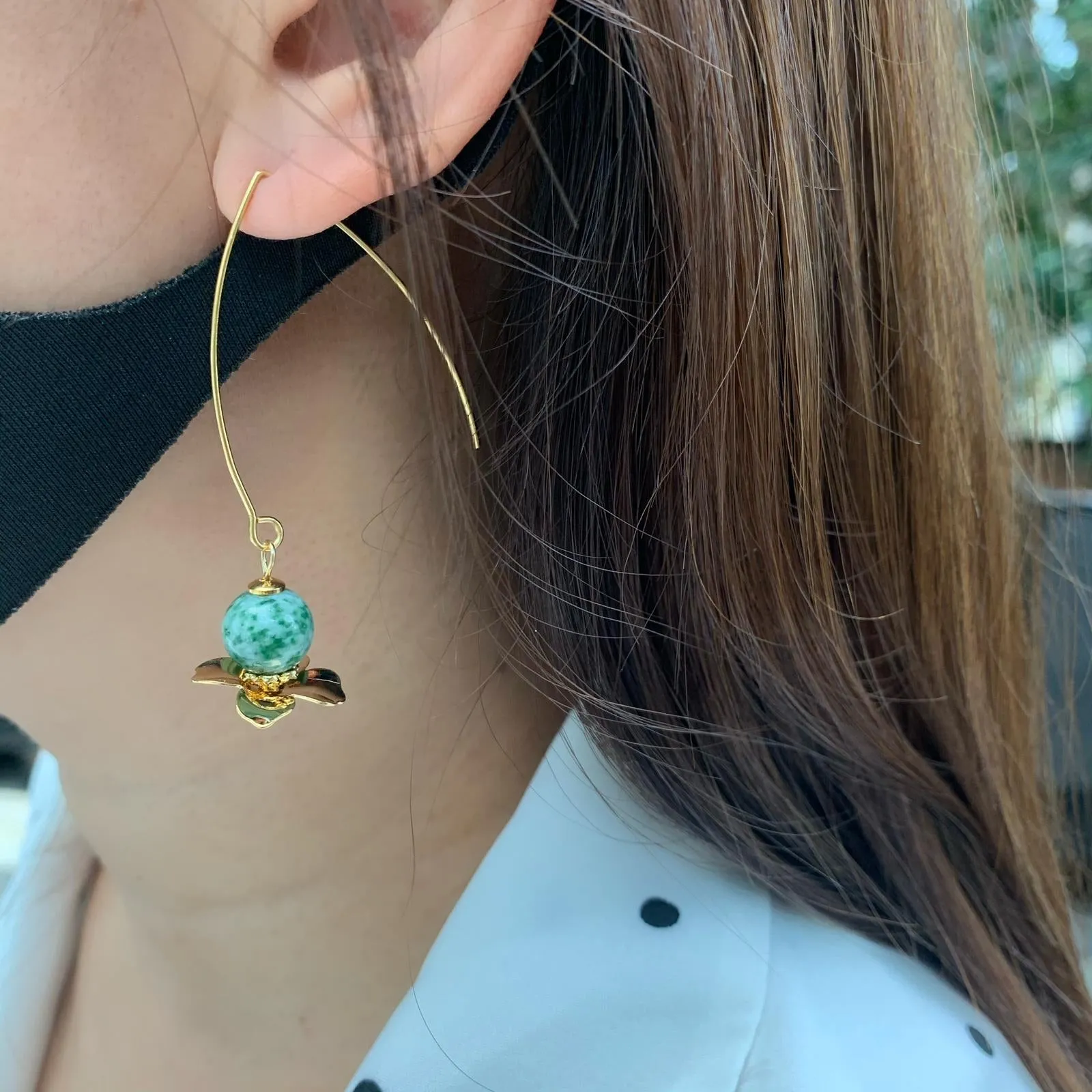Green Dot Jade Floral Earrings