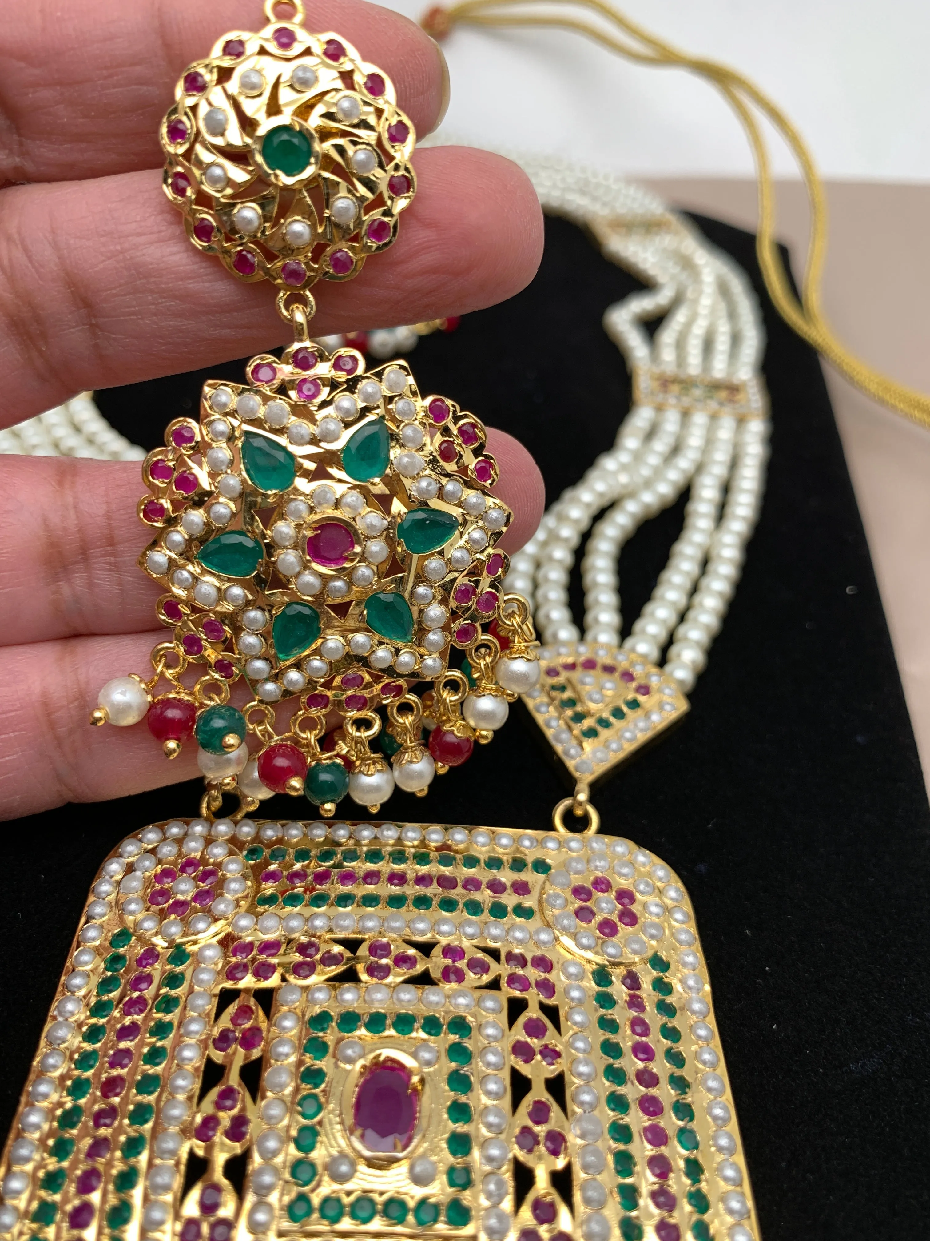 Hyderabadi Jadau Multi Color Square Pendent Rani Haar