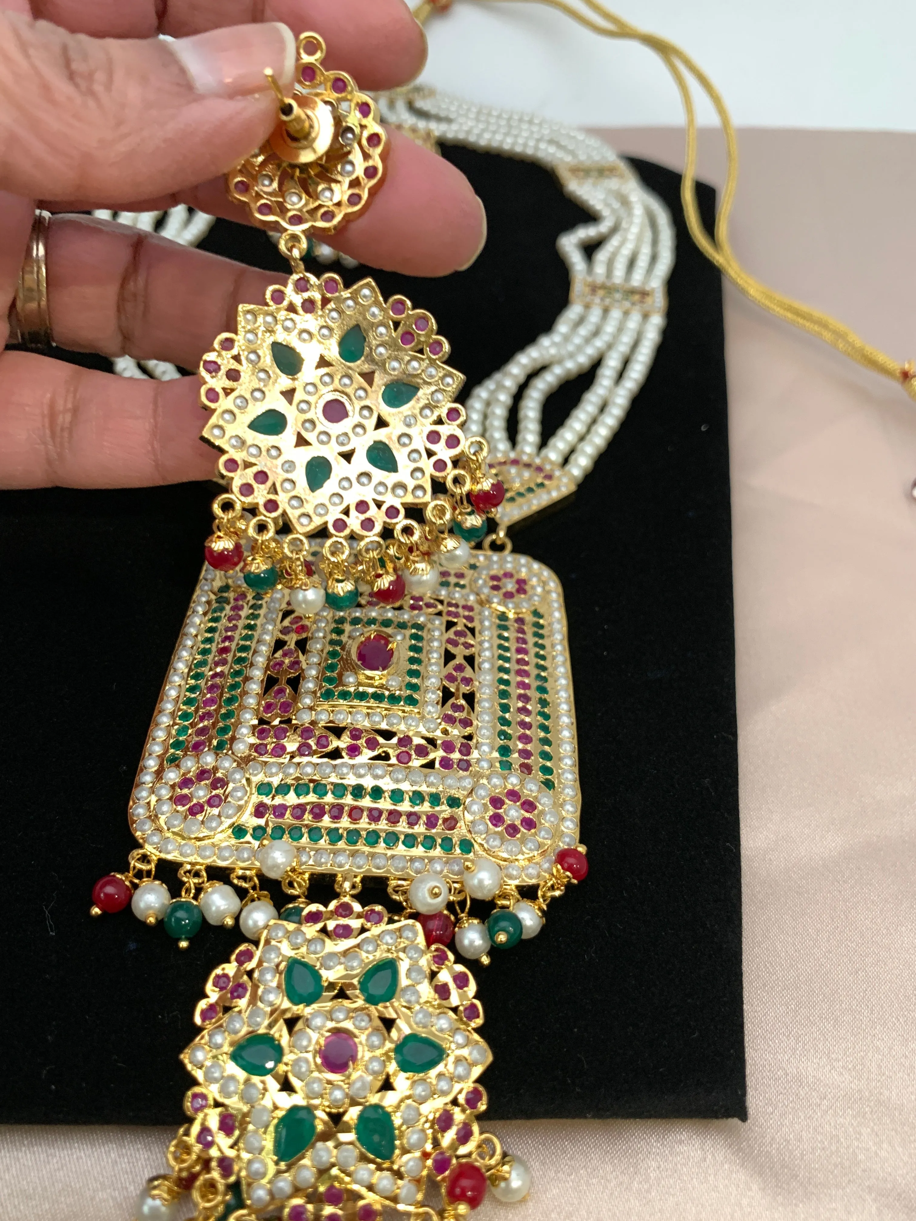 Hyderabadi Jadau Multi Color Square Pendent Rani Haar