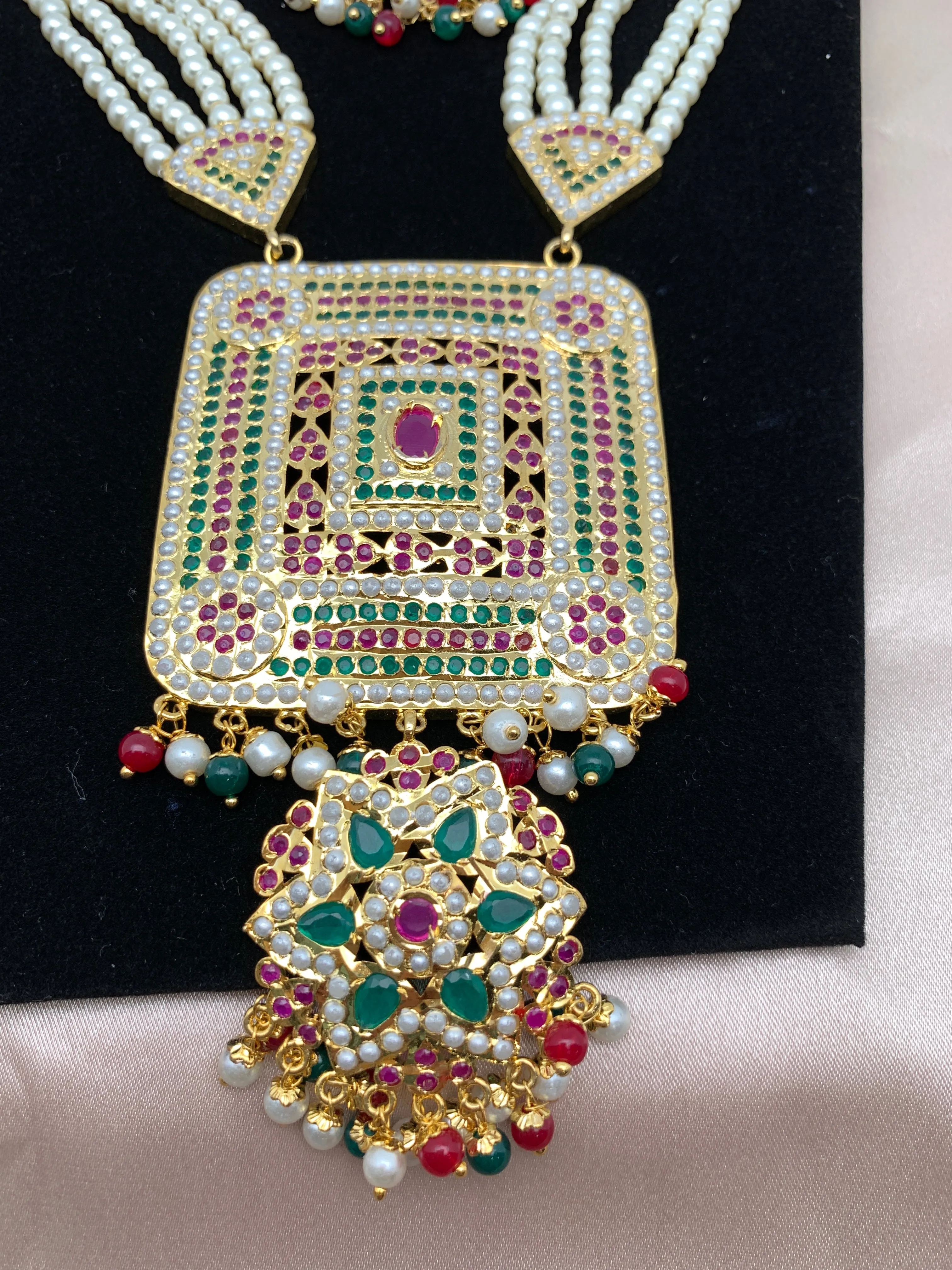 Hyderabadi Jadau Multi Color Square Pendent Rani Haar