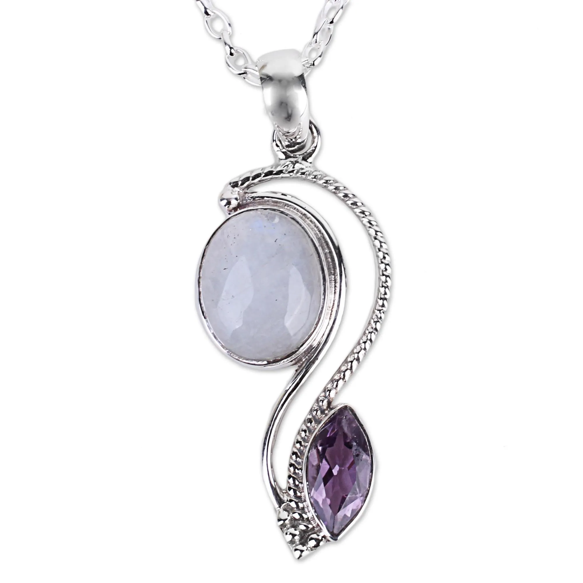 India Handcrafted Amethyst and Rainbow Moonstone Necklace - Colorful Curves | NOVICA