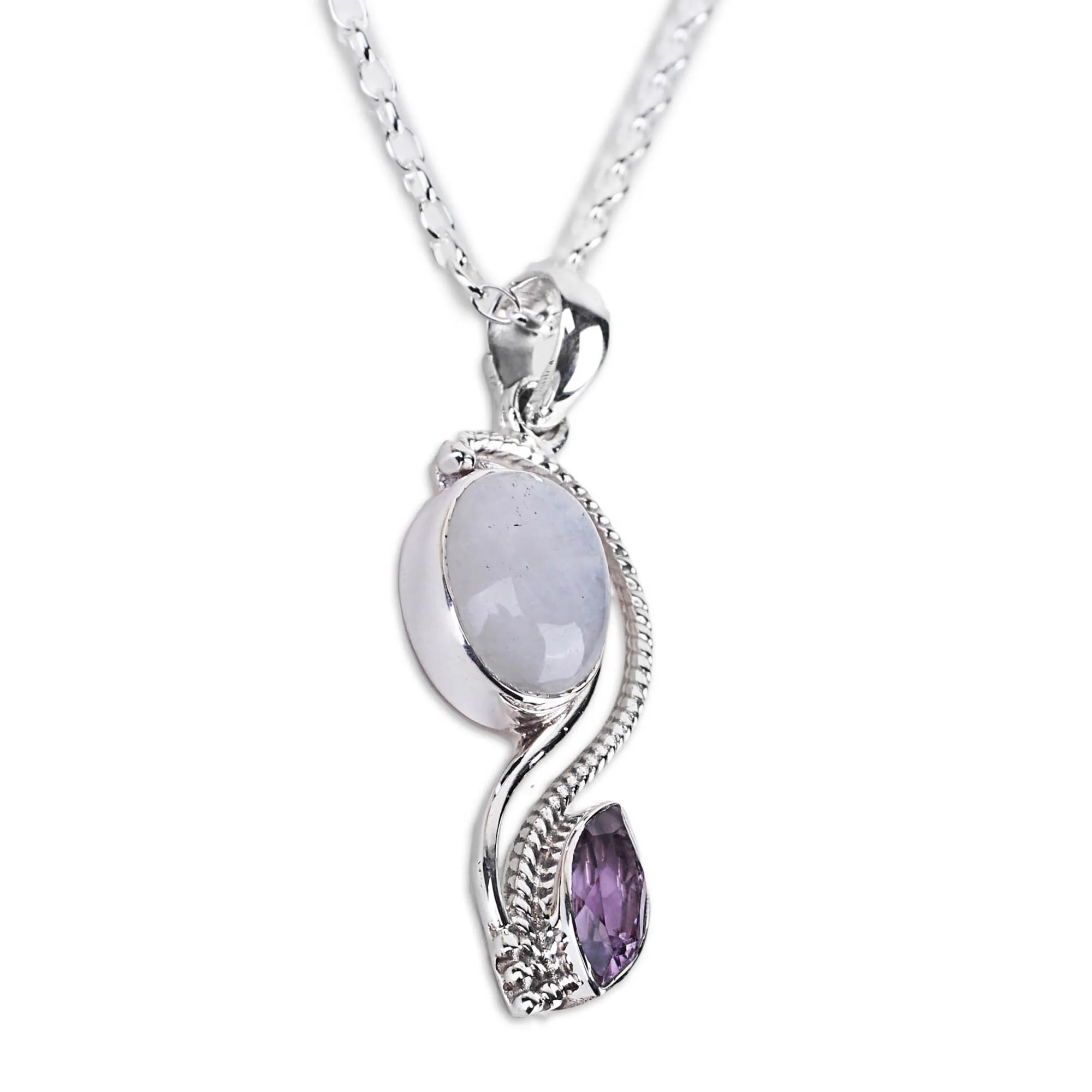 India Handcrafted Amethyst and Rainbow Moonstone Necklace - Colorful Curves | NOVICA