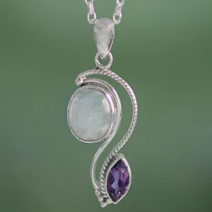 India Handcrafted Amethyst and Rainbow Moonstone Necklace - Colorful Curves | NOVICA