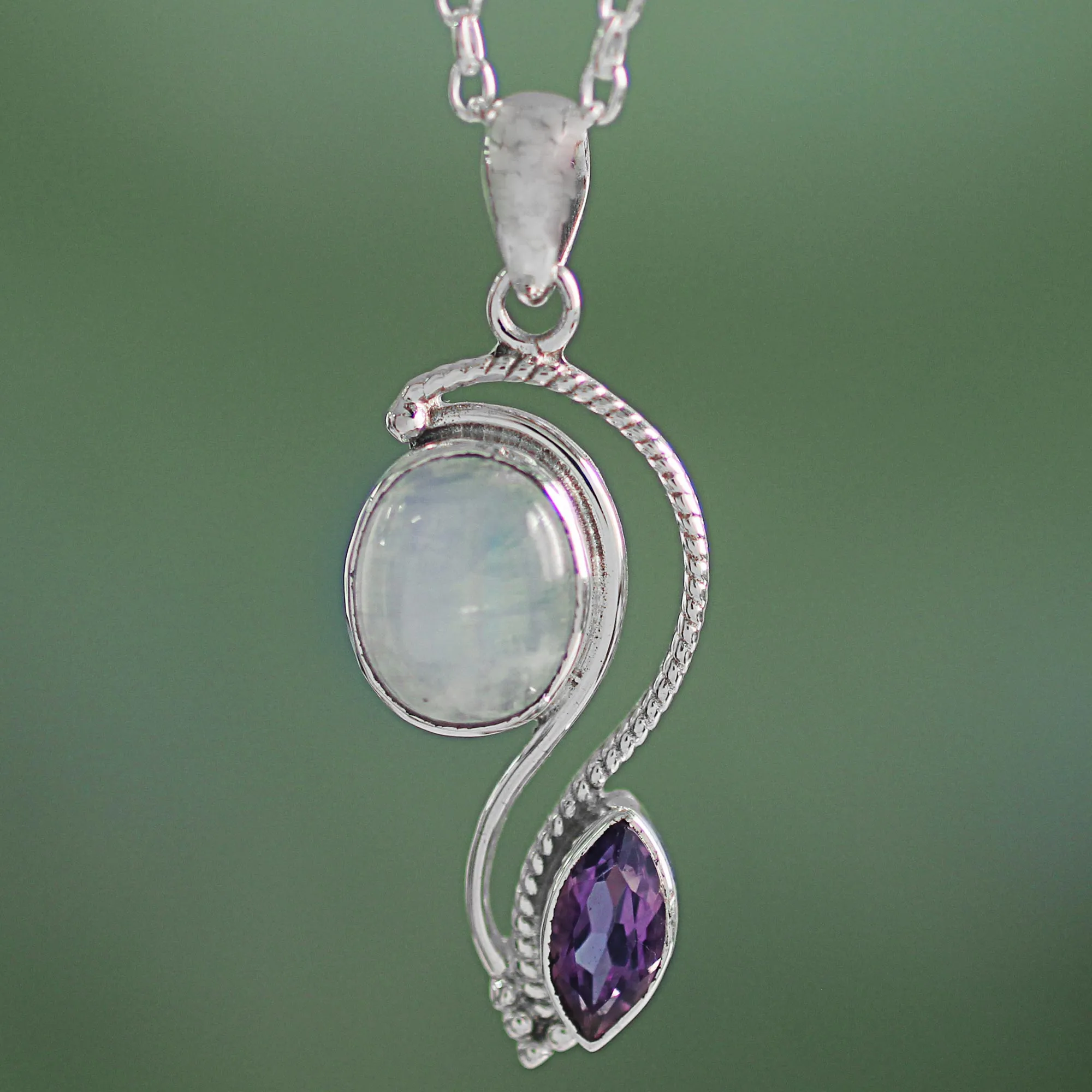 India Handcrafted Amethyst and Rainbow Moonstone Necklace - Colorful Curves | NOVICA