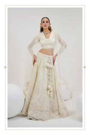 Ivory Net Lehenga with Hand-Embroidered Blouse & Beaded Dupatta