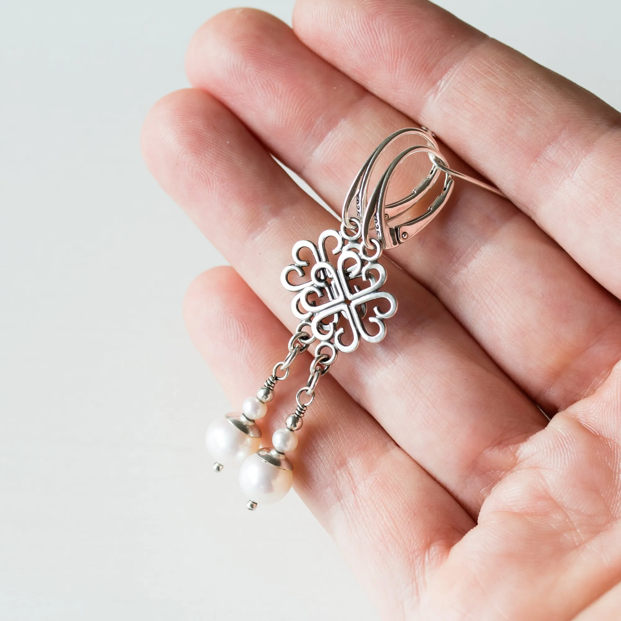 Long Elegant Pearl Earrings, Four Leaf Clover and White Pearl Dangle, Sterling Silver