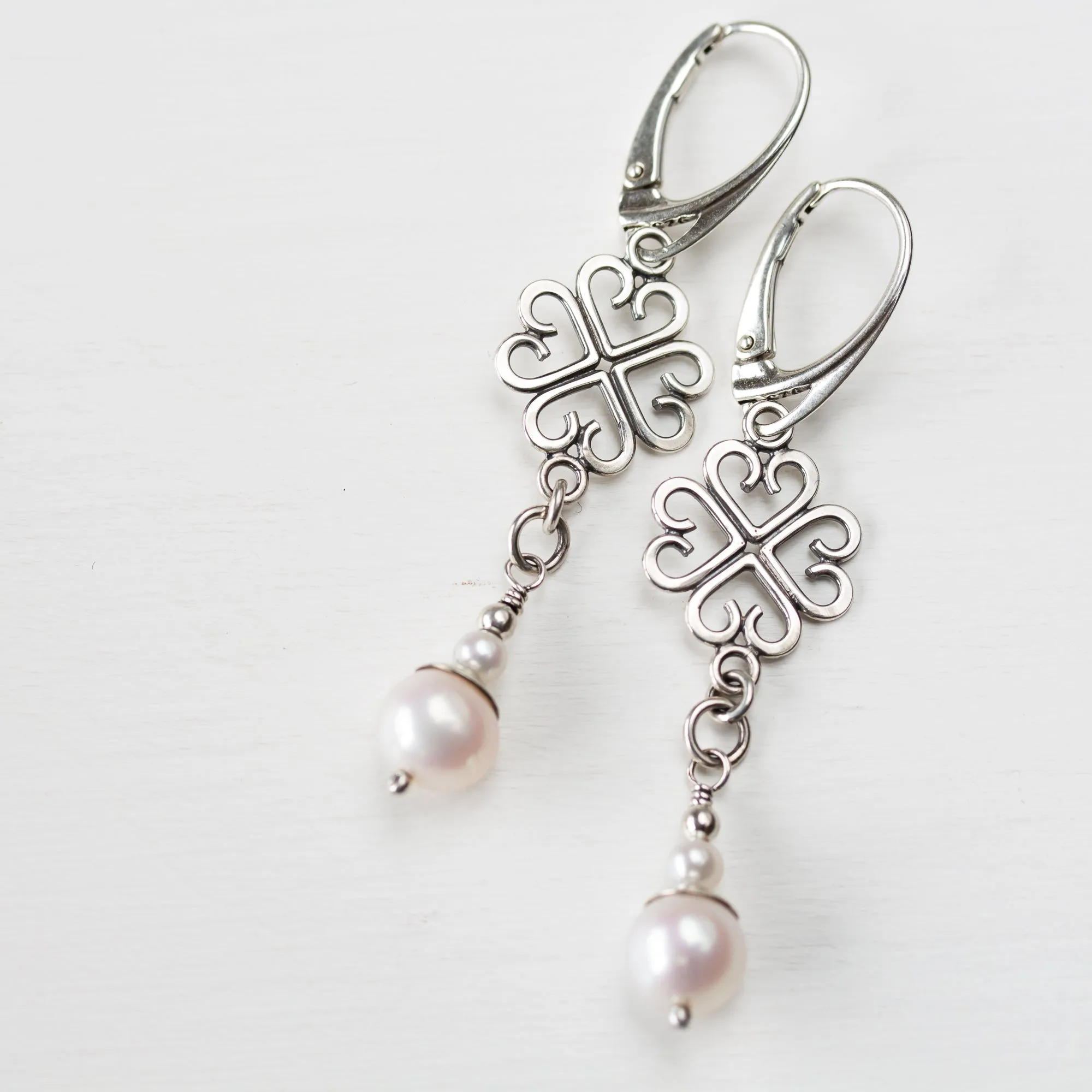 Long Elegant Pearl Earrings, Four Leaf Clover and White Pearl Dangle, Sterling Silver