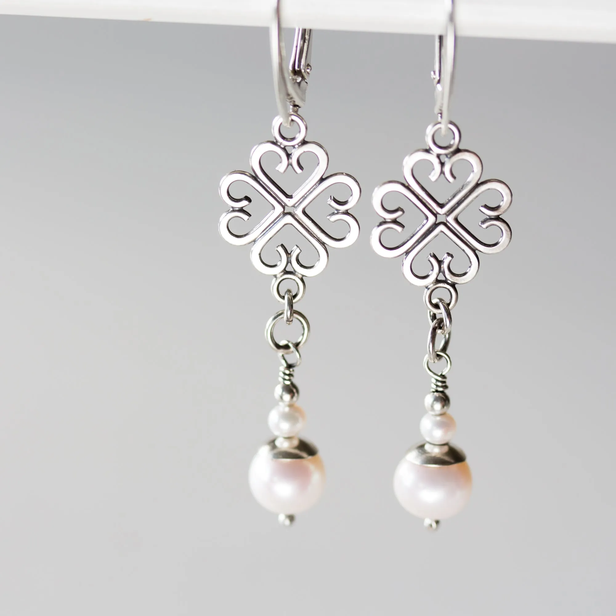 Long Elegant Pearl Earrings, Four Leaf Clover and White Pearl Dangle, Sterling Silver