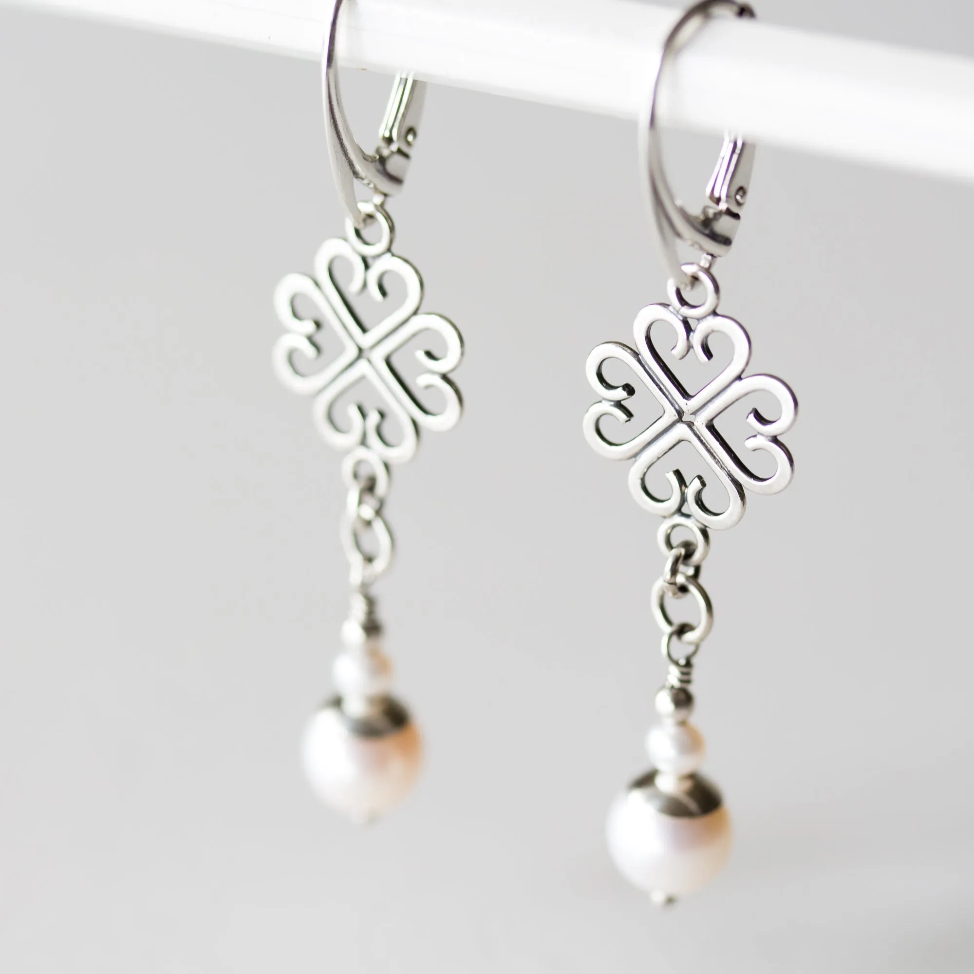 Long Elegant Pearl Earrings, Four Leaf Clover and White Pearl Dangle, Sterling Silver