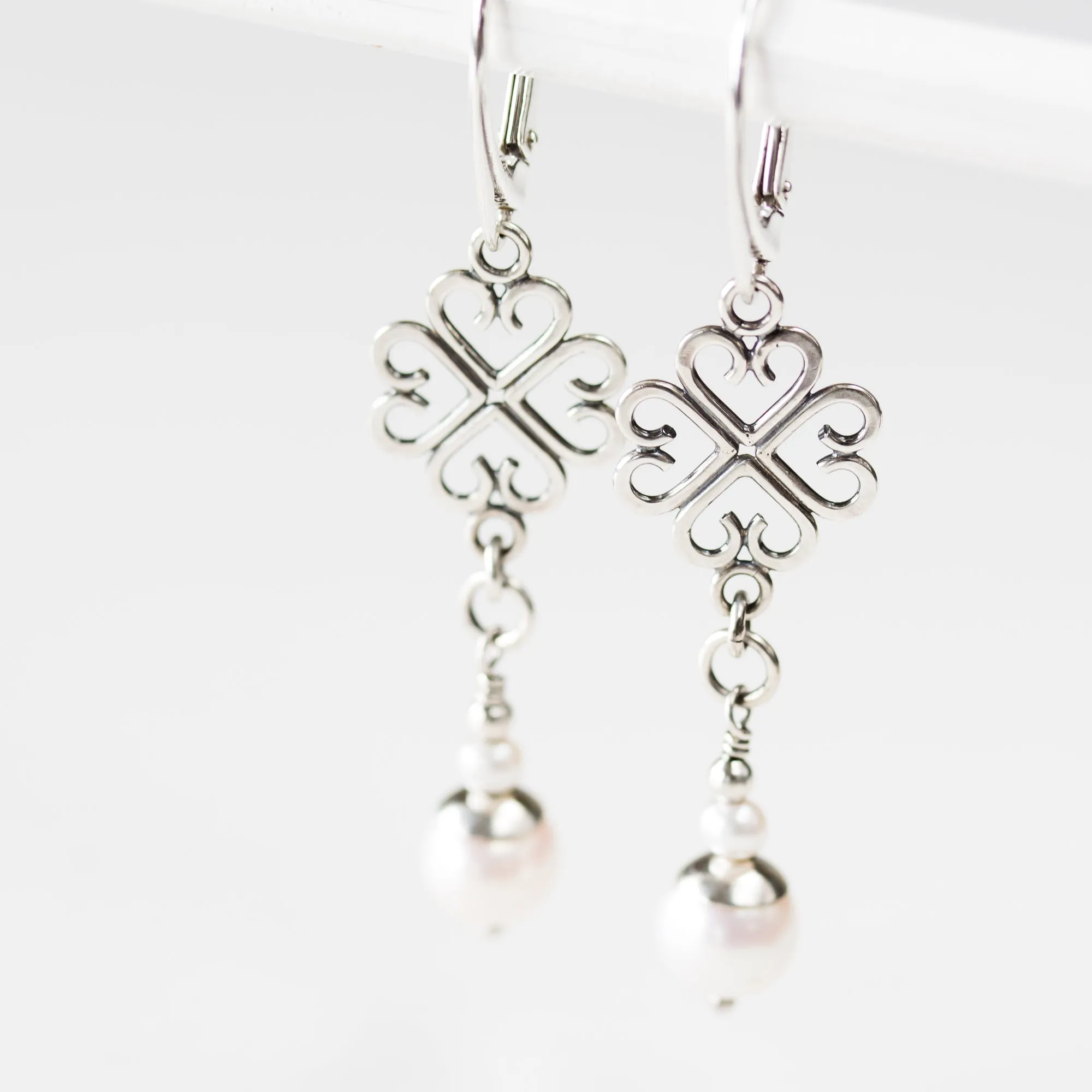 Long Elegant Pearl Earrings, Four Leaf Clover and White Pearl Dangle, Sterling Silver