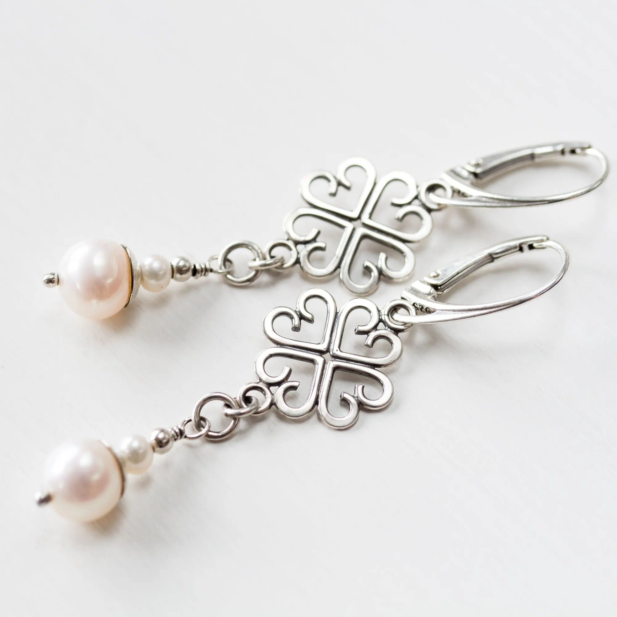 Long Elegant Pearl Earrings, Four Leaf Clover and White Pearl Dangle, Sterling Silver