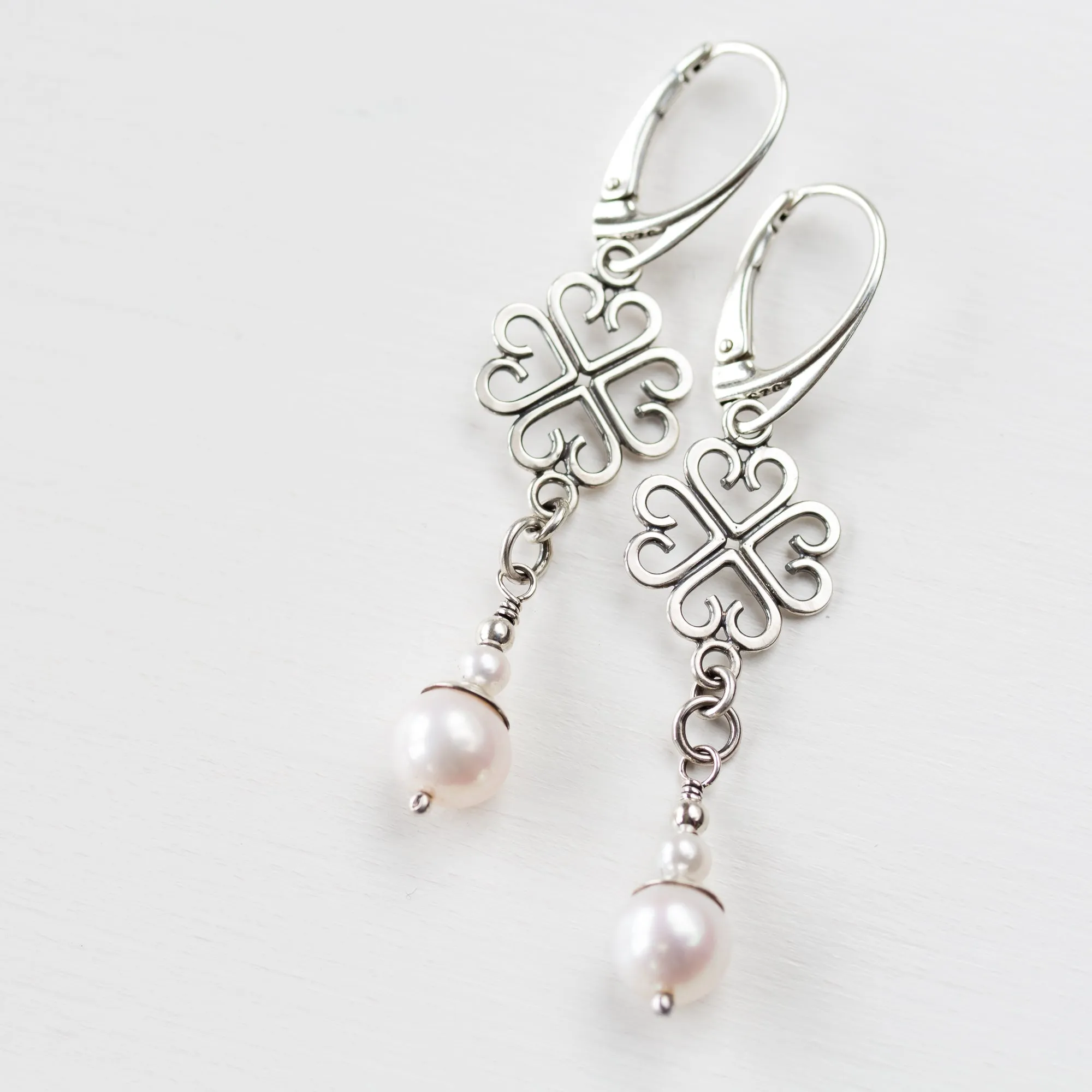 Long Elegant Pearl Earrings, Four Leaf Clover and White Pearl Dangle, Sterling Silver