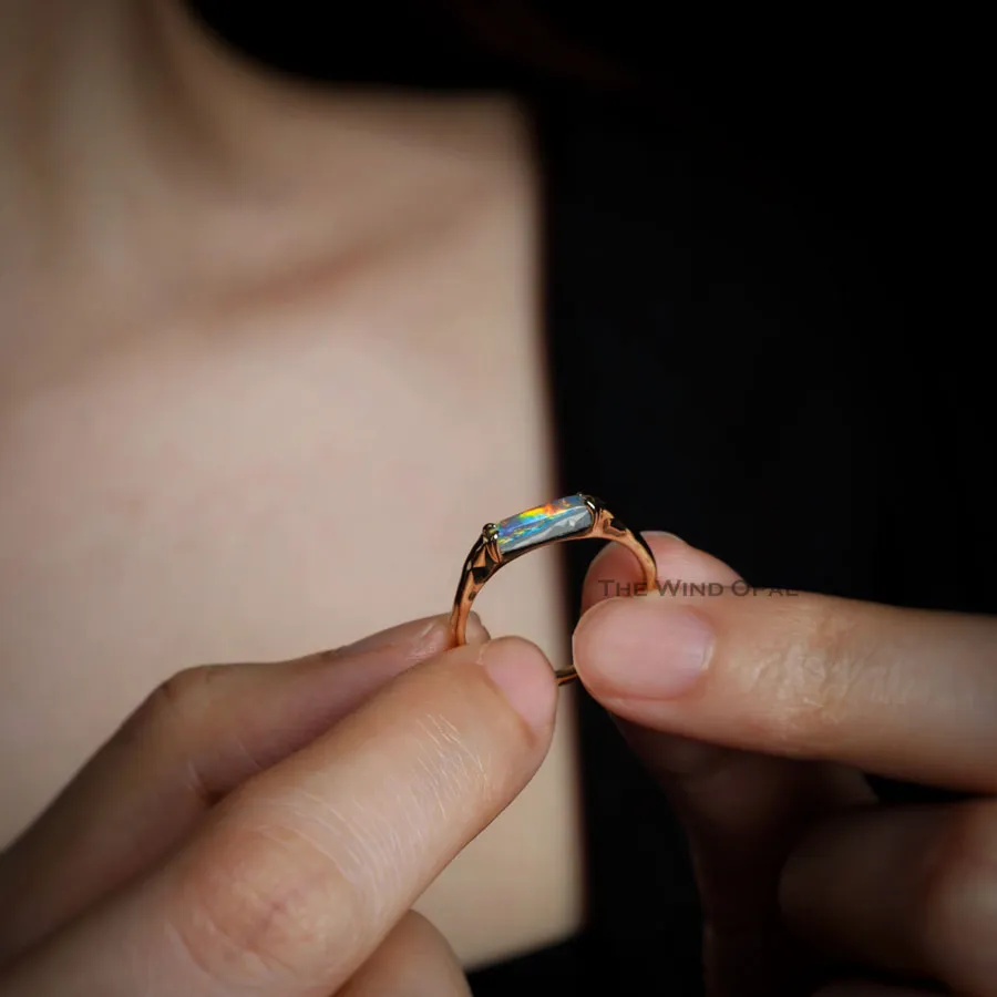 Minimalist Rectangle Australian Black Opal Engagement Ring 18K Yellow Gold