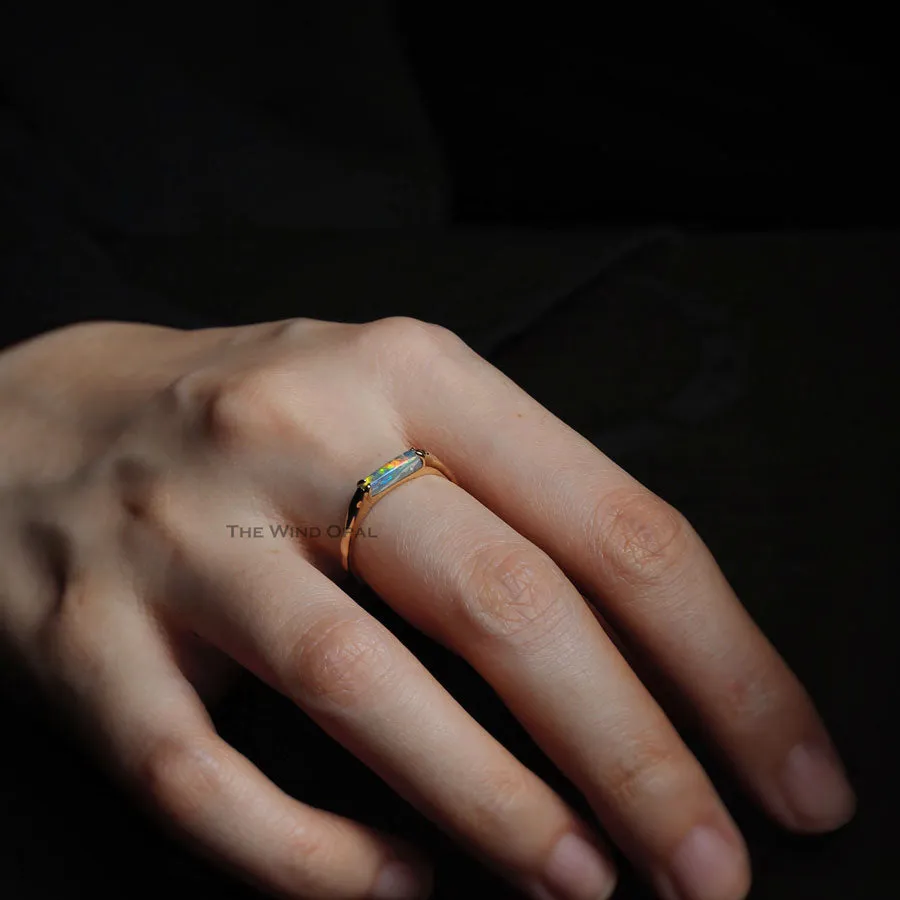 Minimalist Rectangle Australian Black Opal Engagement Ring 18K Yellow Gold