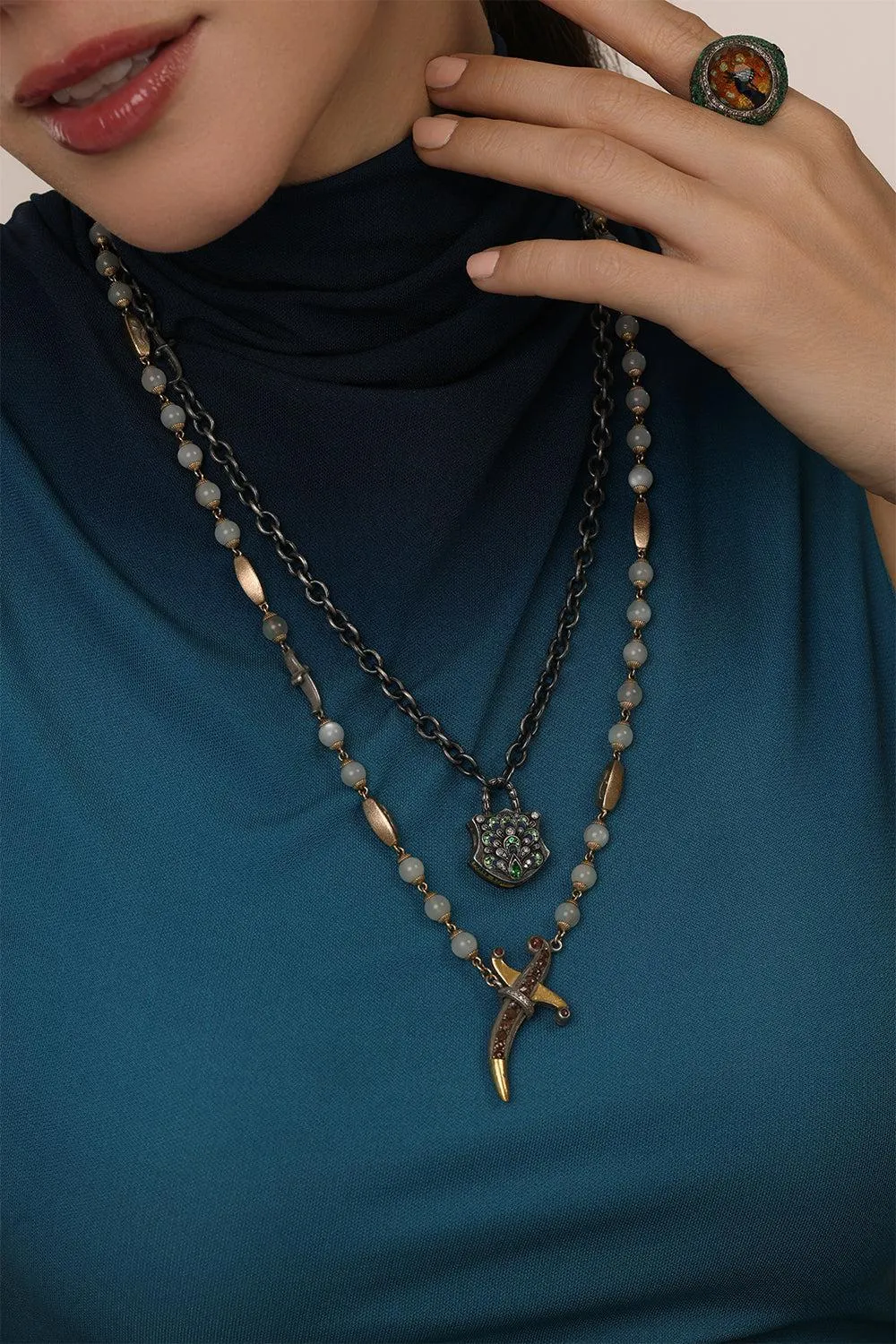 Moonstone Diamond Dagger Clasp Necklace