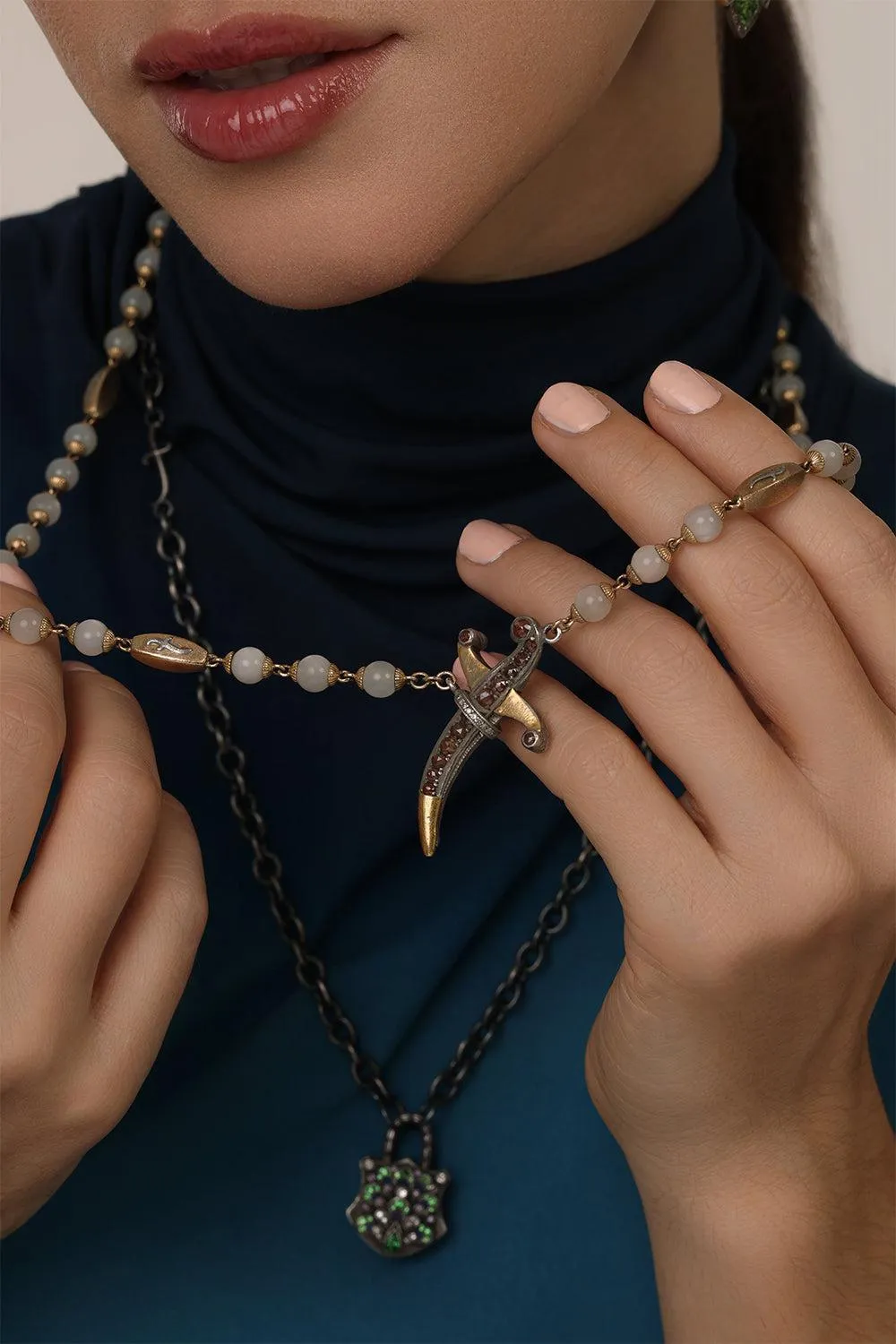 Moonstone Diamond Dagger Clasp Necklace