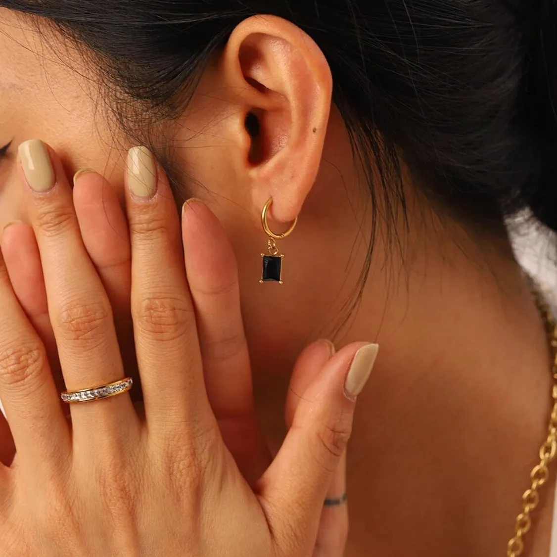 Noir Black Crystal Drop Hoops Earrings
