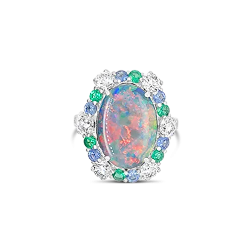 Opal, Emerald, Sapphire & Diamond Ring