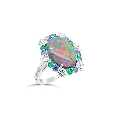 Opal, Emerald, Sapphire & Diamond Ring