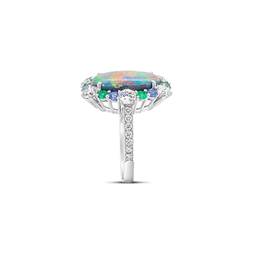 Opal, Emerald, Sapphire & Diamond Ring