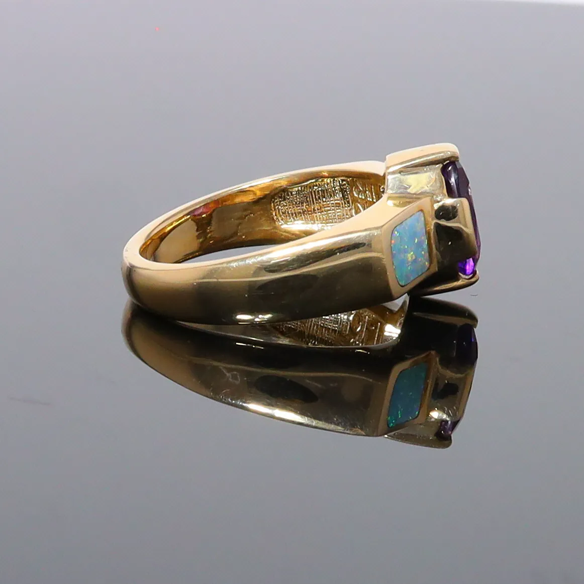 Opal Rings 2 Section Inlaid Design with Oval Amethyst Center
