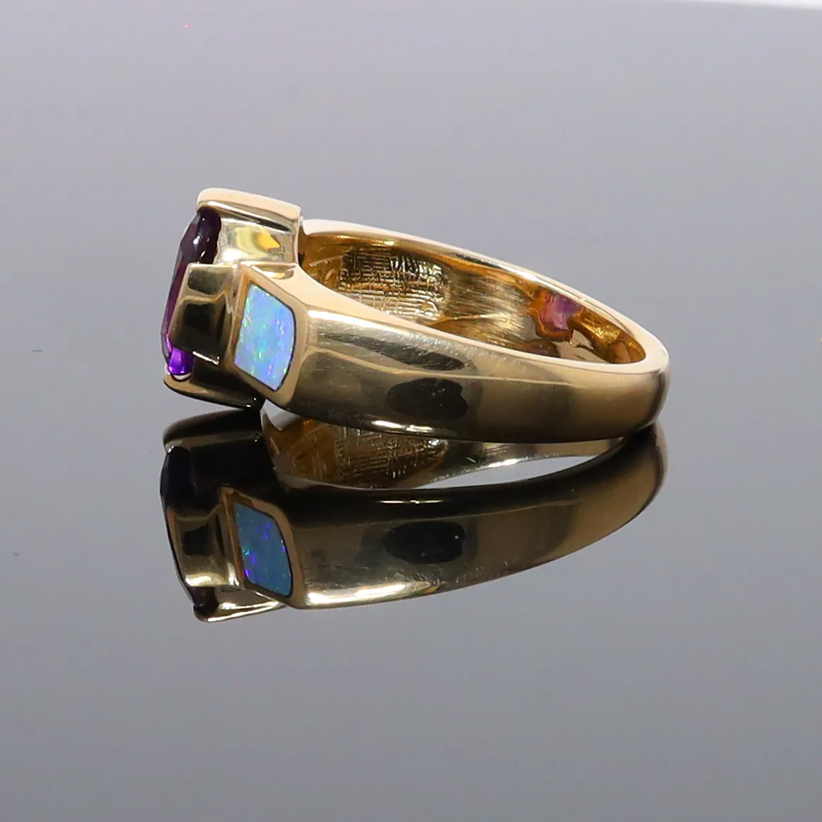 Opal Rings 2 Section Inlaid Design with Oval Amethyst Center
