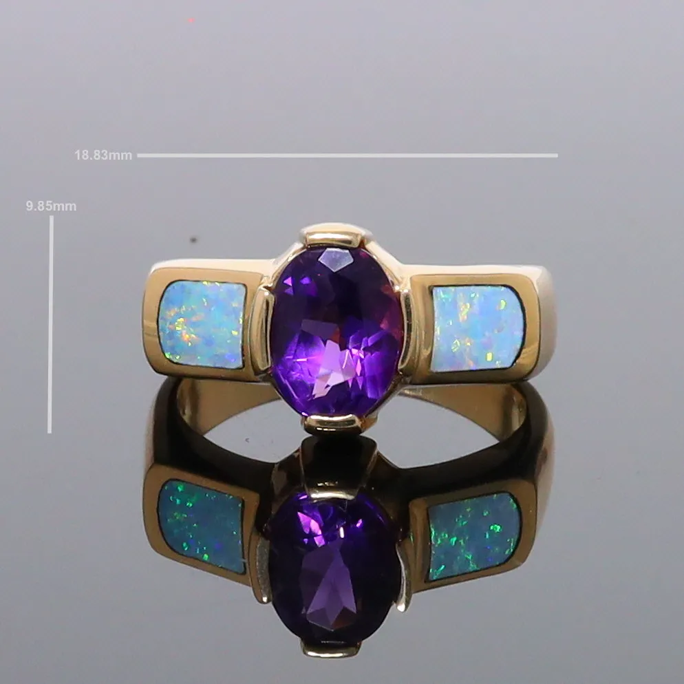 Opal Rings 2 Section Inlaid Design with Oval Amethyst Center