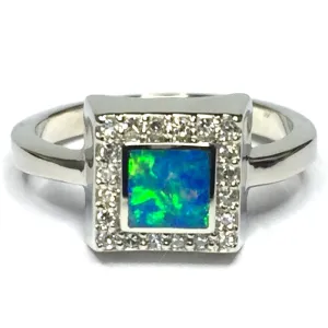 Opal Rings Square Inlaid with .14ctw Round Diamonds Halo Design