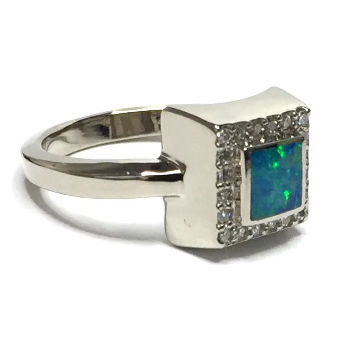 Opal Rings Square Inlaid with .14ctw Round Diamonds Halo Design