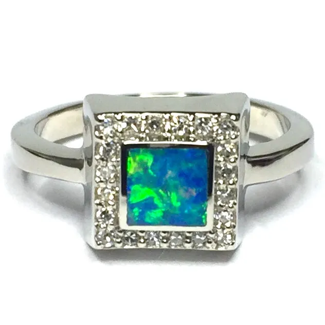 Opal Rings Square Inlaid with .14ctw Round Diamonds Halo Design